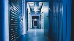 An inside of a blue storage facility