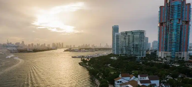 Miami waterfront buildings on a hot summer day