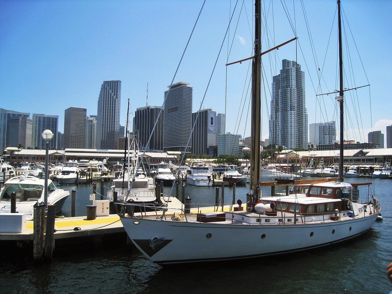 Picture of downtown Miami with its harbor and sailing boats