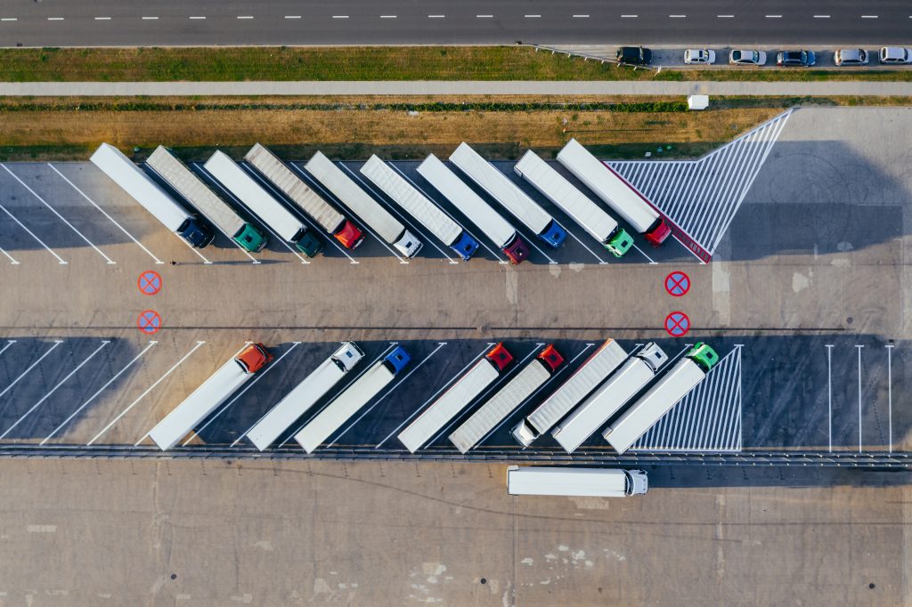 aerial view of several trucks