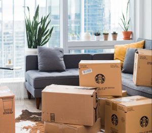 cardboard boxes in the living room