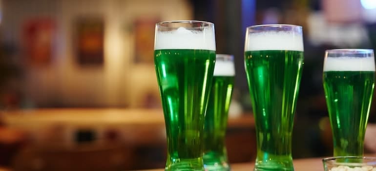 4 glasses of green beer on St Patrick's Day