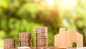 coins and a wooden miniature of a house with green background