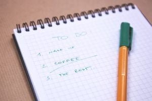 A picture of a to do list that lists 1. wake up, 2. coffee, 3. the rest...