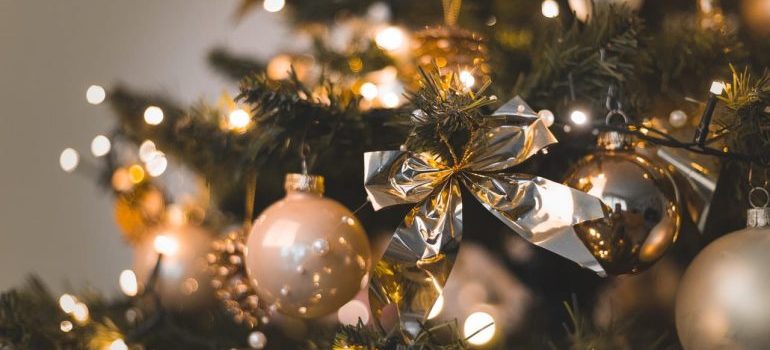 close up of xmas decorations on a tree