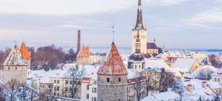 dreamy castle roofs of a winter city 