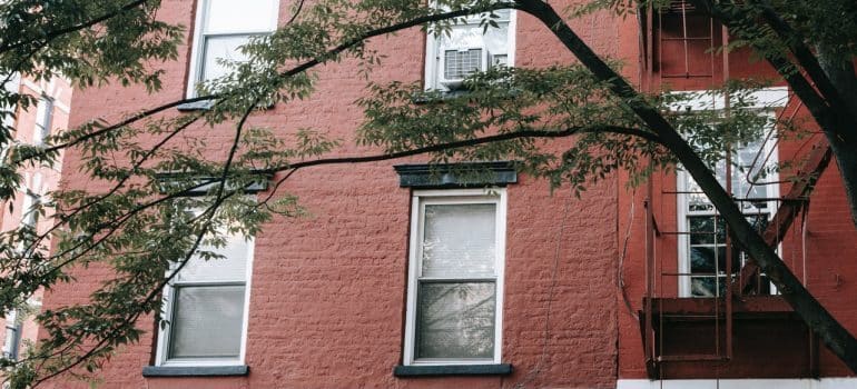 a building with red walls