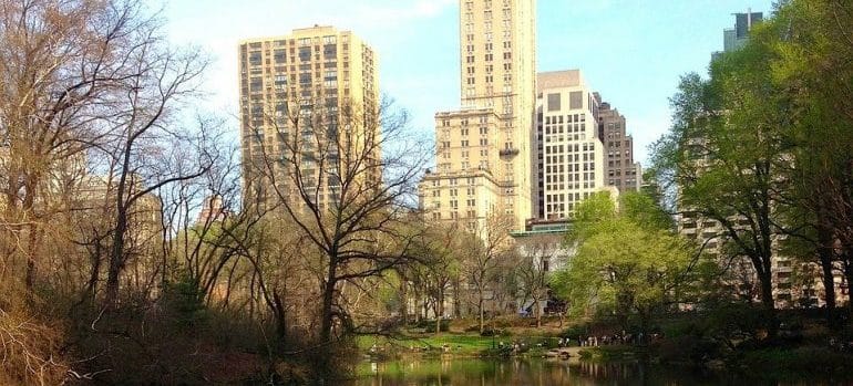 Central park lake and skyscraper in the background