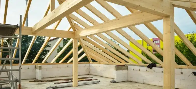 Under the roof space during attic renovation.