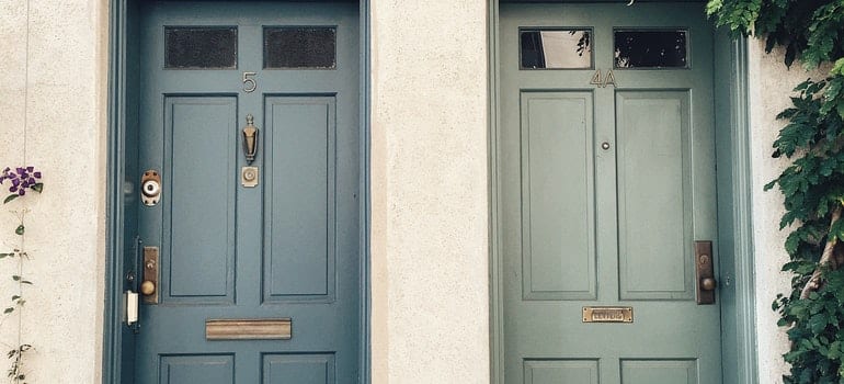 Front door painted in blue