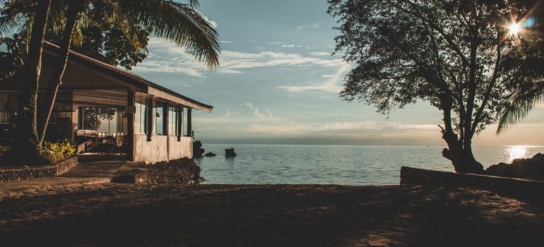 A house on a beach with palm trees