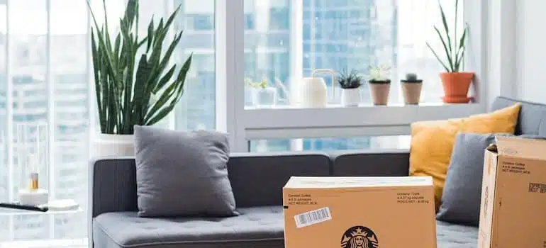 Packed moving boxes in a living room