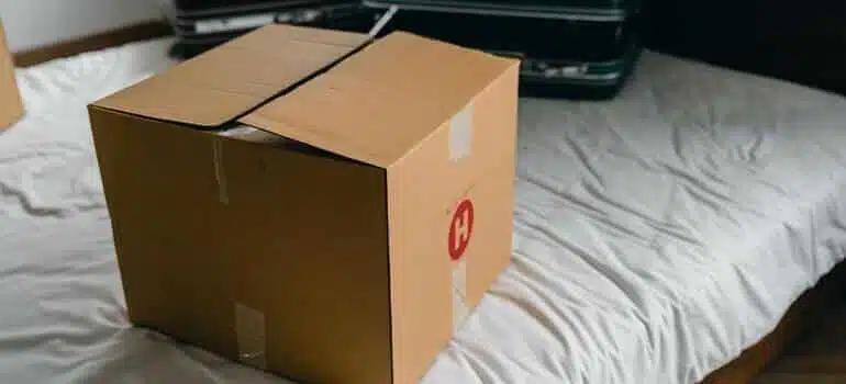 box on white bed