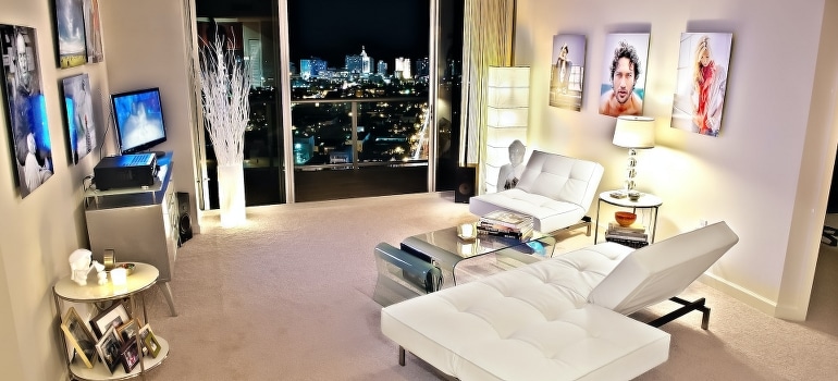 a living room set with a white sofa