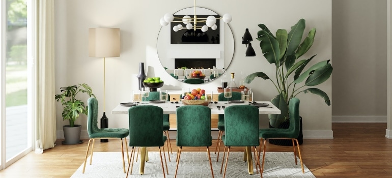A dining room with furnitute and accessories 