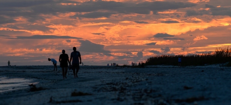 Silhouettes enjoying Florida beach activities during the golden hour