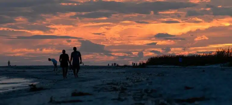 Silhouettes enjoying Florida beach activities during the golden hour