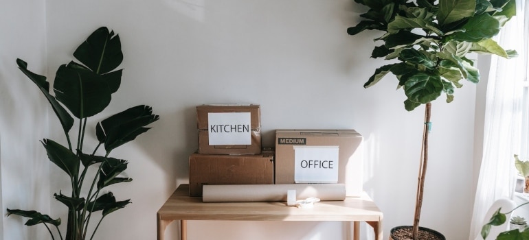 Boxes labeled home and kitchen