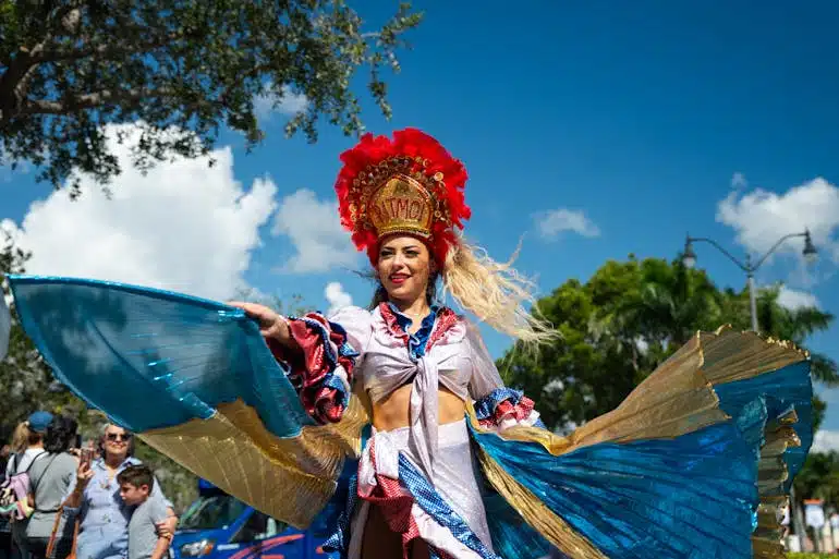 A woman in a colorful dress