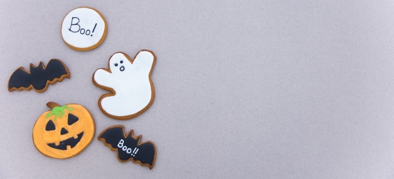 Ginger cookies in ghost, bat and pumpkin shape - Halloween housewarming party ides