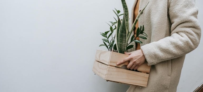 a woman carrying a box before moving plants to South Miami