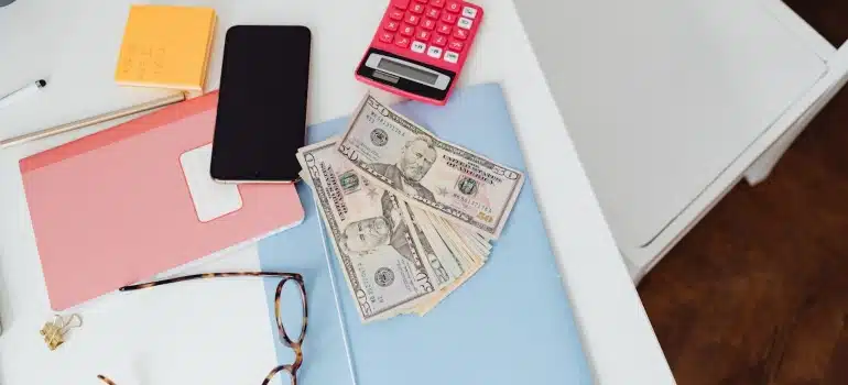 money, glasses, calculator