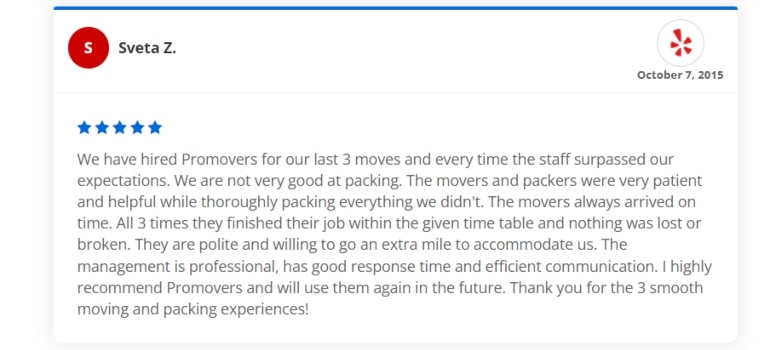 a screenshot of a moving review about our Florida moving services