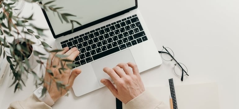 a person using a laptop searching for Job opportunities to expect after moving to Miami