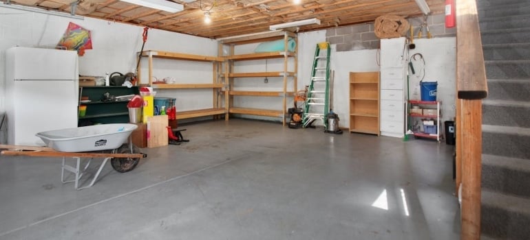 a garage with shelves