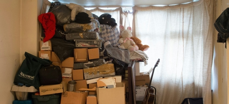a bunch of boxes and clothes