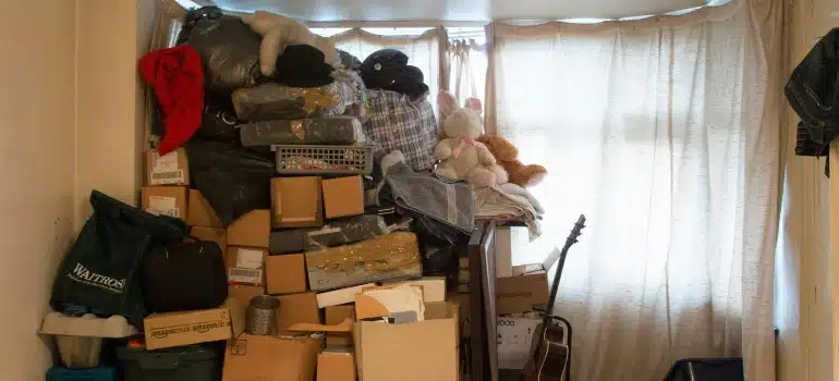 a bunch of boxes and clothes