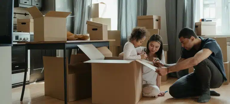 a family unpacking 