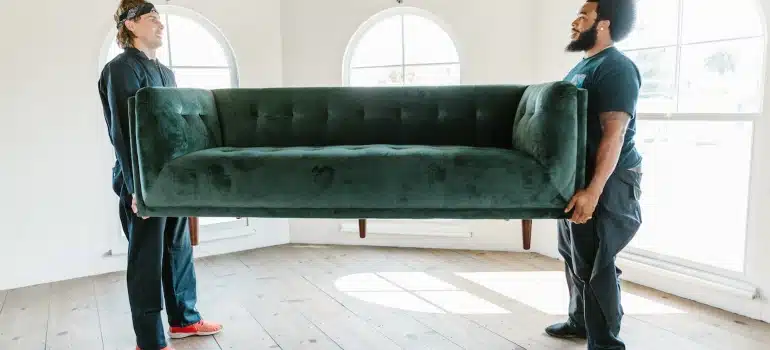 movers lifting a sofa when moving a vet practice