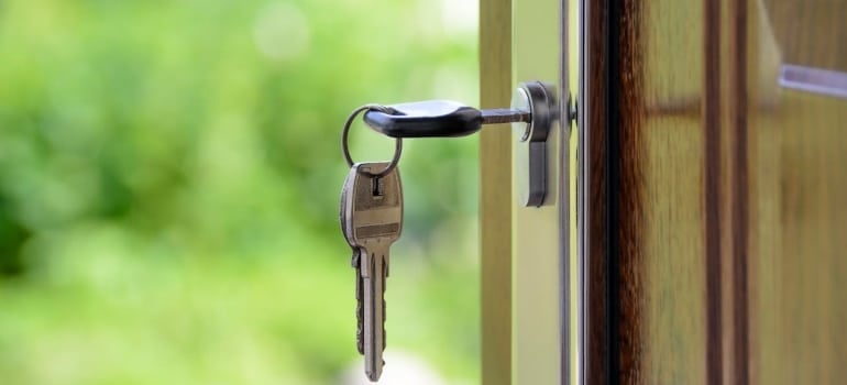 A key in a door lock.