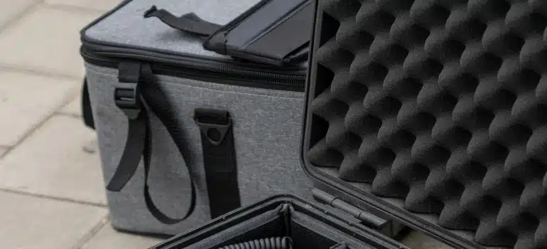 A gray padded case needed to safely pack home audio equipment