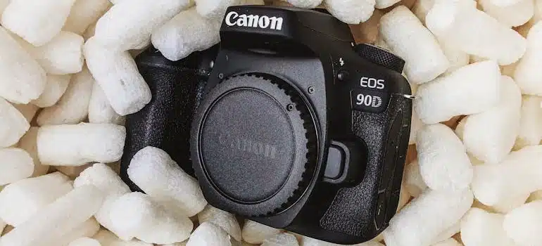 Canon camera in packing peanuts