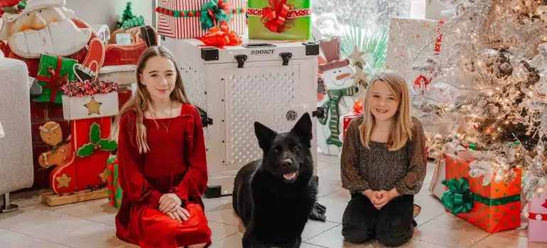Kids and Dog by Christmas Tree