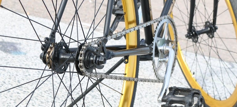 a bicycle with yellow tires