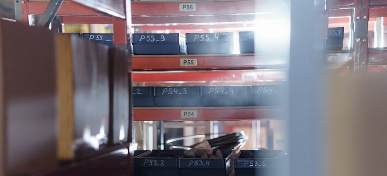Labeled shelves in a warehouse