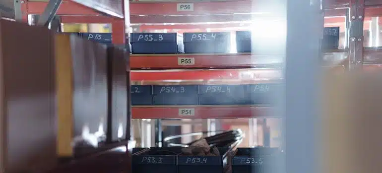 Labeled shelves in a warehouse