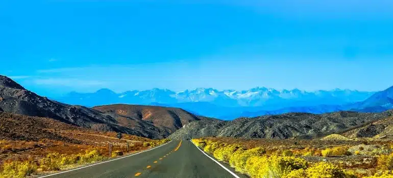 A road through the desert in Nevada under clear blue sky