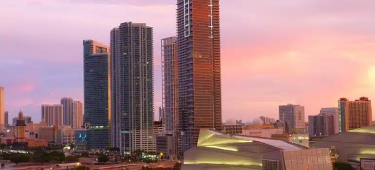 Miami panorama view with beautiful red and orange sunset