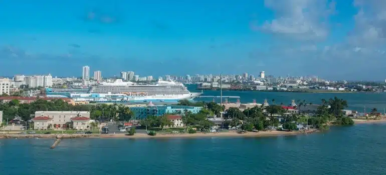 Aerial view of Miami with a cruise ship moored