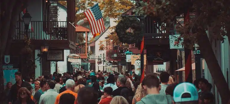 Crowded local market street in a charming small Florida town.