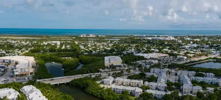 Aerial view of a Florida coastal community with waterways and homes.